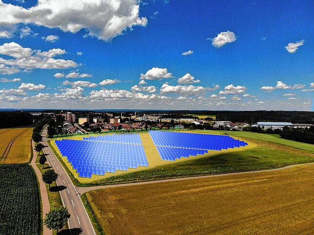 Eine Projektion der Freiflächenphotovoltaikanlage im Gewann „Hinterösch“, vom Westen aus gesehen aus 30 Meter Höhe. Vom ...