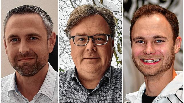 Drei Bewerber treten bei der Bürgermeisterwahl in Görwihl am 29. Januar 2023 an (von links): Mike Biehler, Carsten Quednow und Daniel ...