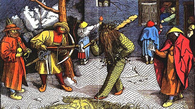 Der Wilde Mann (Mitte) taucht in vielen Erzählungen des Mittelalters auf. Auch er trug bereits ein geschecktes Gewand. Schuppenartig ...