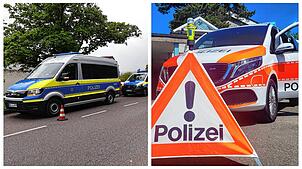 Links ein Einsatzfahrzeug der deutschen Polizei, rechts ein Streifenwagen der Schweizer Polizei (Symbolbild).