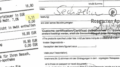 Erbsen, Leinöl, Shampoo: Das sind ein paar Einkaufsbelege und – noch analoge – Ausfuhrscheine, die in Konstanz an einem ganz normalen ...
