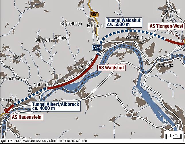 Diesen Verlauf soll die A98 zwischen Hauenstein und Tiengen nehmen. Blau gestrichelt die beiden Tunnels, rot die oberirdischen ...