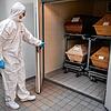 Der Mitarbeiter eines Krematoriums öffnet eine Kühlkammer, in der vier Särge von Verstorbenen stehen, die mit oder an dem Corona-Virus ...