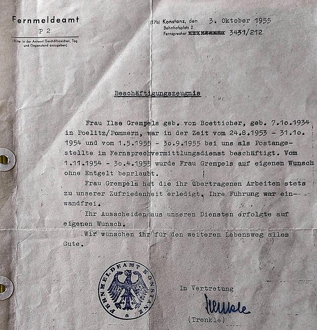 Ilse Grempels war Postangestellte im Fernsprechvermittlungsdienst in Konstanz und erhielt ein ausgesprochen gutes Zeugnis.