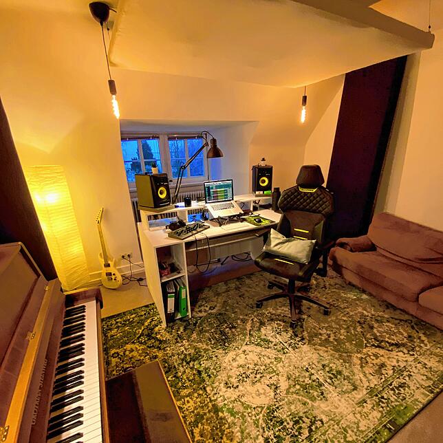 Für sein selbst gebautes Musikstudio hat Lukas Wehle einen neuen Boden verlegt, sich ein Klavier zugelegt und schwarze Schallabsorber an ...