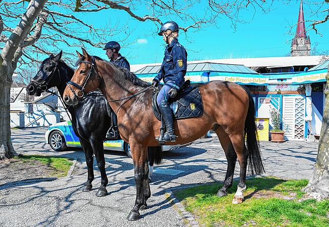 Hoch zu Ross in Radolfzell: Polizeioberkommissar Walter Horländer und Polizeiobermeisterin Lisa Pscheidl auf ihren Pferden Vinzenz und Wotan