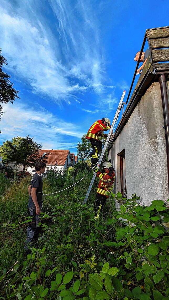 Nach der Personenrettung steigt auch die Feuerwehr wieder die Leiter runter.