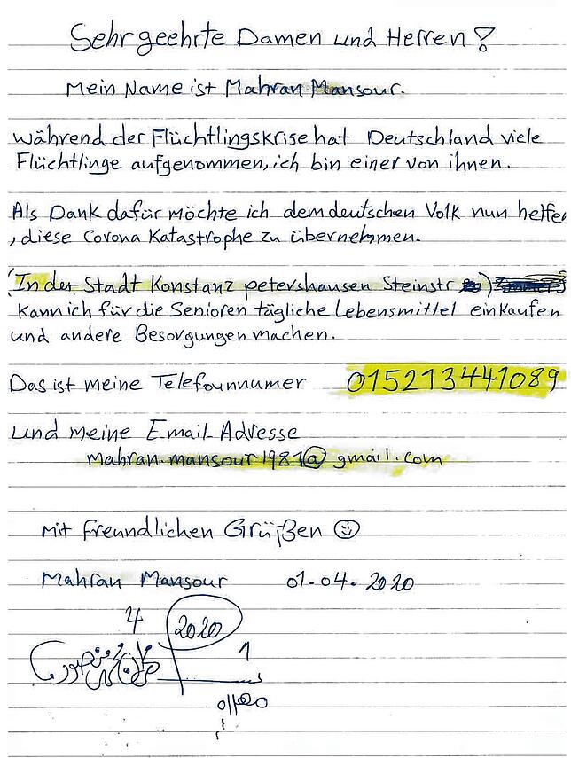 Bild 2: Mahran Mansour will in der Corona-Krise nicht tatenlos bleiben. Der syrische Flüchtling bietet Älteren Hilfe an