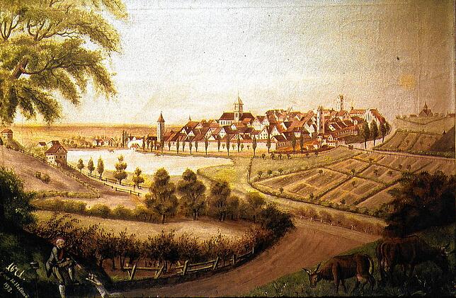 1671 soll die Stadt so ausgesehen haben. Deutlich zu sehen ist die große Wasserfläche, wo sich heute der Stadtpark befindet. Das ...