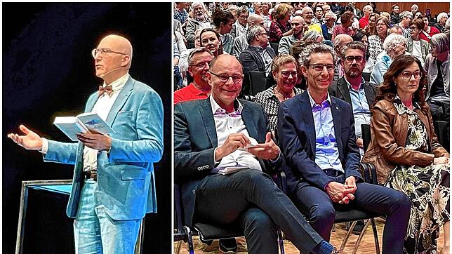 Bestseller-Autor Ewald Arenz (linkes Bild) machte den Auftakt der Erzählzeit ohne Grenzen, die auch Singens Oberbürgermeister Bernd ...