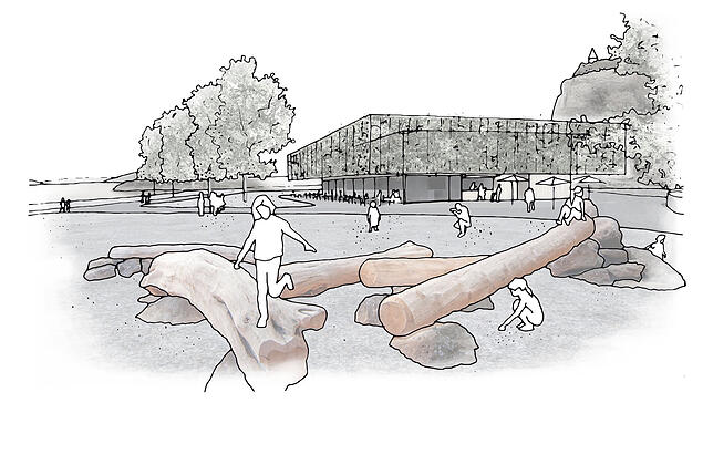 Mit begrünter Fassade in den Uferpark integriert und sich mit den Jahreszeiten wandelnd: Landkreispavillon und spätere Gastronomie im ...