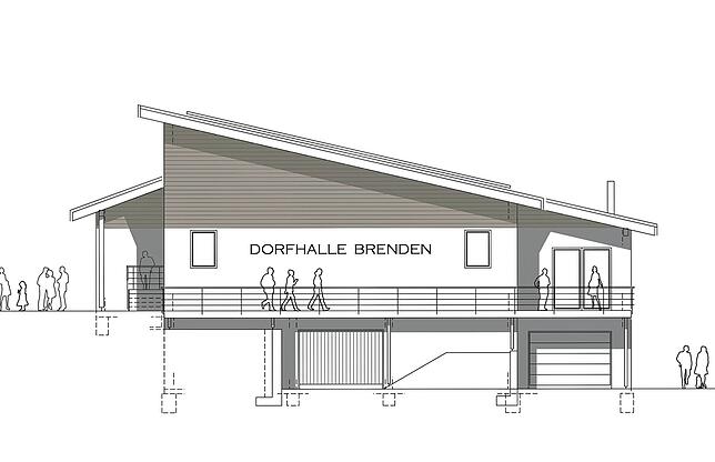 So soll sich die Dorfhalle Brenden auf der Süd-Westseite präsentieren, charakteristisch dann das Pultdach, im Untergeschoss hat die ...