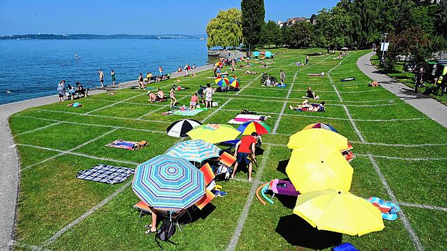 Sonnenbadende liegen an der Uferpromenade auf der Wiese, die die Stadt mit einem Fußballfeld-Streuwagen in Einzelabschnitte aufgeteilt ...