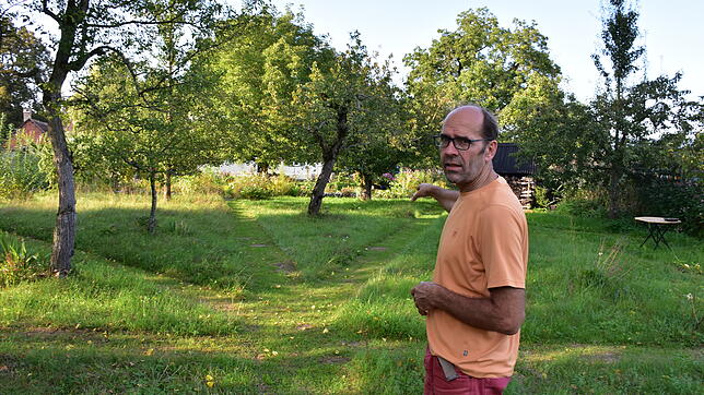 Matthias Schenkl im Obstbaumgarten. In der Wiese sind nur die Wege freigemäht. Die restlichen Flächen sind unterschiedlich hoch gemäht, ...