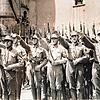 Männer des Konstanzer SA-Sturmes &bdquo;Bodensee&ldquo; im Jahr 1933 im Innenhof des Rathauses. Im Hintergrund Flaggen weiterer ...