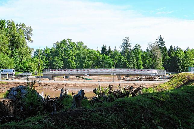 Im Vordergrund sind Wurzelstöcke gelagert, im Hintergrund ist die neue Schwerlastbrücke zu sehen, die im Winter gebaut wurde.