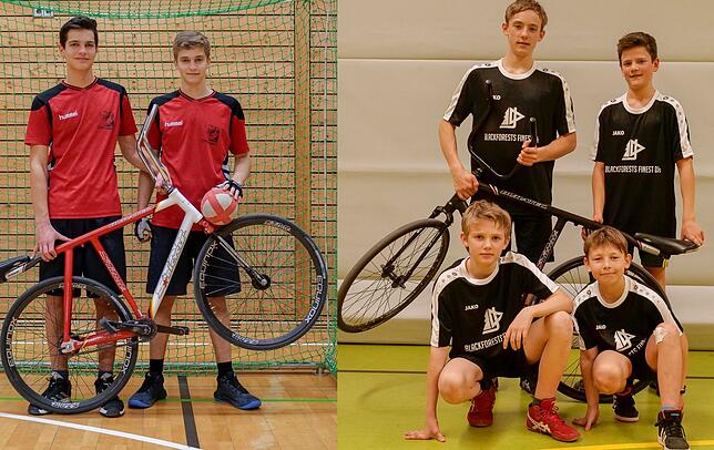 Radball-Asse bei den Deutschen Meisterschaften: Moritz Schubach und Marc Huber vom RSV Öflingen (linkes Foto, von links) hoilten ...