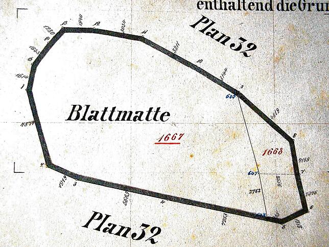 Bei der 1896 abgeschlossenen Katastervermessung war die Blattmatte in die Flurstücke 1667 und 1668 aufgeteilt.