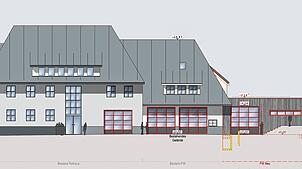 So soll er aussehen: Der neue Anbau an das Feuerwehrhaus, so hat ihn Architekt Harry Vogt entworfen. Bild: Vogt Architekten BDA