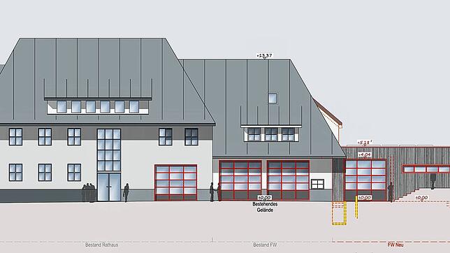 So soll er aussehen: Der neue Anbau an das Feuerwehrhaus, so hat ihn Architekt Harry Vogt entworfen. Bild: Vogt Architekten BDA