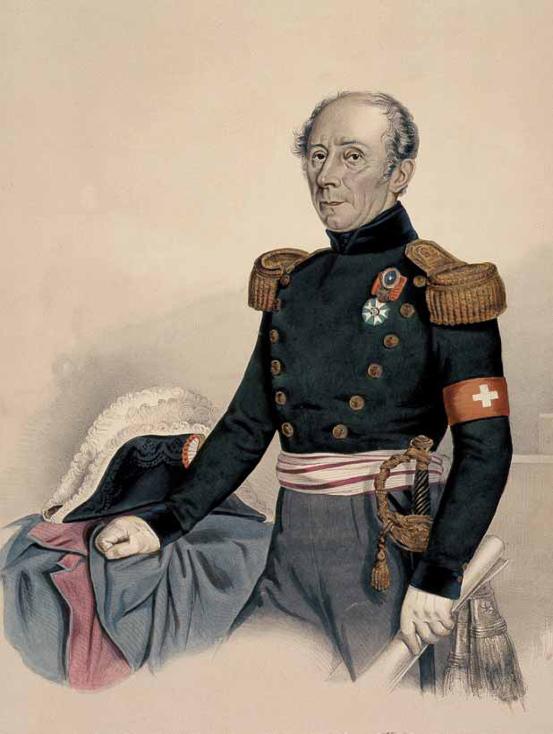 Ein zeitgenössisches Porträt zeigt Guillaume Henri Dufour in Generalskleidung.