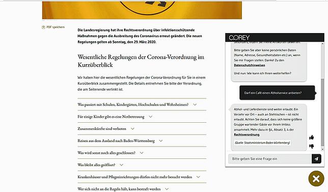 Während die offizielle Antwort auf sich warten lässt, antwortet der Bot der CoronaverordnungsWebseite, dass ein Abholservice eines Cafés ...