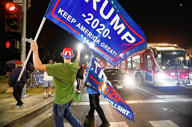 Trump-Anhänger ziehen mit Fahnen &bdquo;Trump &ndash; 2020 &ndash; Keep America Great&ldquo; durch die Straßen von Beverly Hills.