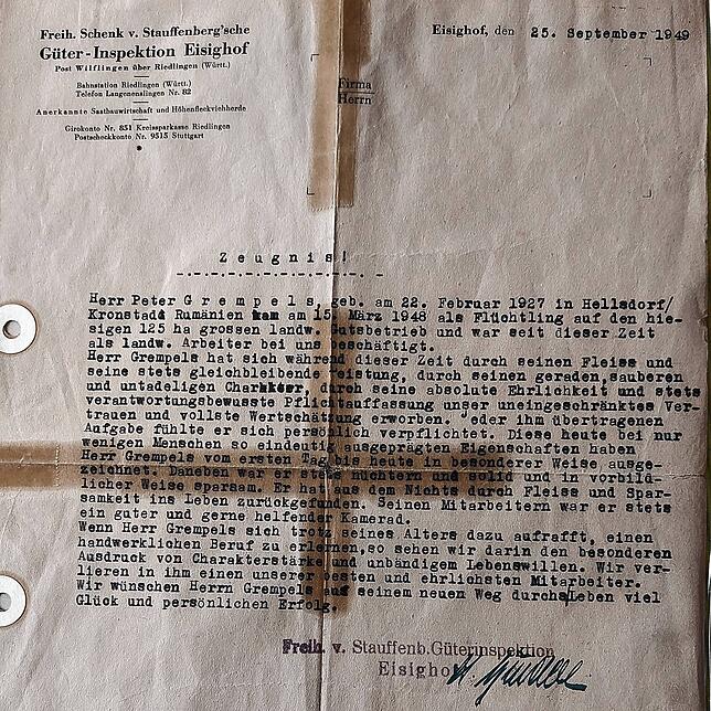 Franz Freiherr Schenk von Stauffenberg stellte Peter Grempels ein ausgezeichnetes Zeugnis für seine Dienste auf seinem Gutshof aus. ...