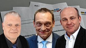 Drei Mitglieder des erneut gewählten AfD-Kreisvorstands Konstanz: links Beisitzer Thomas Engelmann, Bernhard Eisenhut (stellvertretender ...