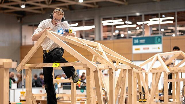 Zimmerer Linus Großhardt aus Uhldingen-Mühlhofen während seiner Arbeit bei den Weltmeisterschaften 2024. Foto: Holzbau Deutschland/Laube