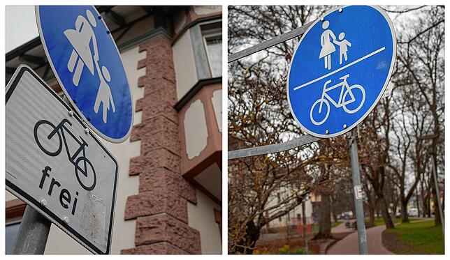 Das Ergänzungsschild &bdquo;Fahrräder frei&ldquo; (links) bedeutet zugleich Schrittgeschwindigkeit. Bei einem gemeinsamen Fuß- und ...
