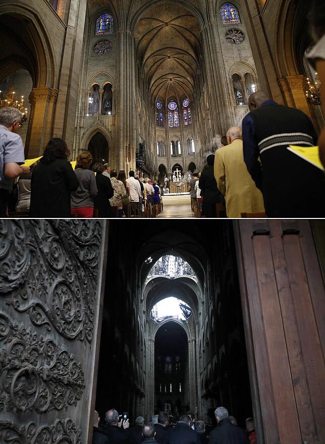 Oben: Das Innere des Kirchenschiffs während einer Messe. Unten: Die ersten Einblicke in die Kathedrale nach dem Brand.