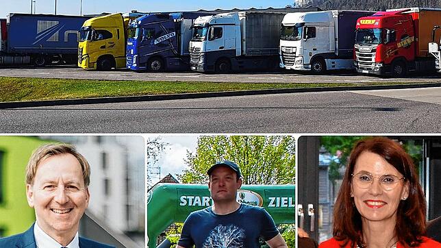 Der vollbelegte Lastwagen-Parkplatz auf dem Gelände der Gemeinschaftszollanlage in Waldshut-Tiengen. Oben eine Archivaufnahme aus dem ...