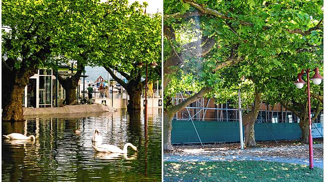 Die Radolfzeller Uferpromenade im Sommer 1999 (links) und im Sommer 2022. Verschwunden ist nicht nur das Hochwasser, sondern auch das ...