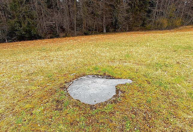 Auf der Wiese ist die Abdeckplatte für einen der beiden Schnellfeuer-Mörser zu sehen.