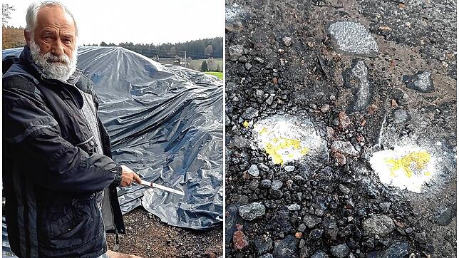 Dieter Berger vor abgedecktem Straßenaufbruch, der auf dem Bauwagen-Parkplatz zwischen Wehrhalden und Lochhäuser gelagert wird. Rechts: ...