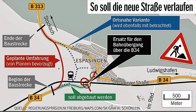 So soll die Umfahrung verlaufen. Und: Der Abschnitt der derzeitigen Bundesstraße zwischen dem Beginn der Umfahrung und dem Bahnübergang ...