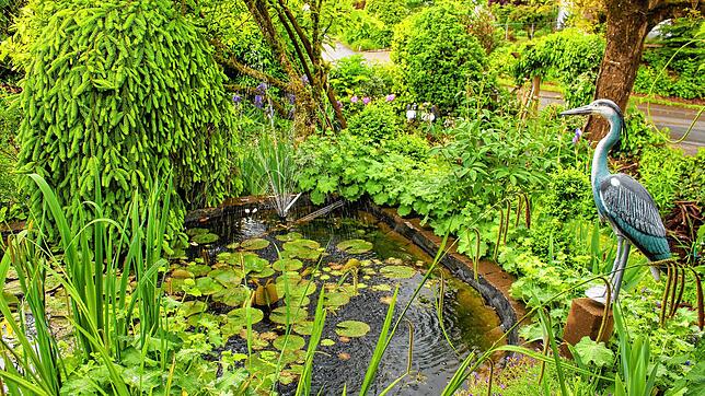 Ein lauschiges Plätzchen bei der Terrasse ist der Teich mit plätschernder Fontäne. Der Fischreiher ist allerdings nicht echt &ndash; und ...