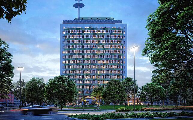 So soll der Wohnturm namens Ode-Lofts einmal aussehen, wenn er fertig ist. Auf 15 Stockwerken können die Menschen dann Wohnungen ...