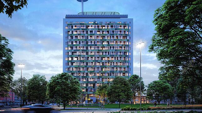 So soll der Wohnturm namens Ode-Lofts einmal aussehen, wenn er fertig ist. Auf 15 Stockwerken können die Menschen dann Wohnungen ...