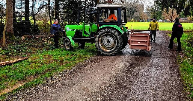 Der Baum wird aus dem Wald geholt. Stefan Richt kurbelt im Traktor.