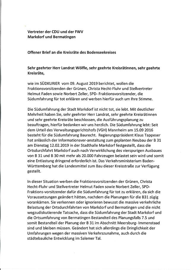 Seite 1 des offenen Briefes. Quelle: Interessengemeinschaft pro Südumfahrung