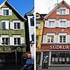 Links die Gaststätte vor dem Umbau, rechts das Gebäude heute.