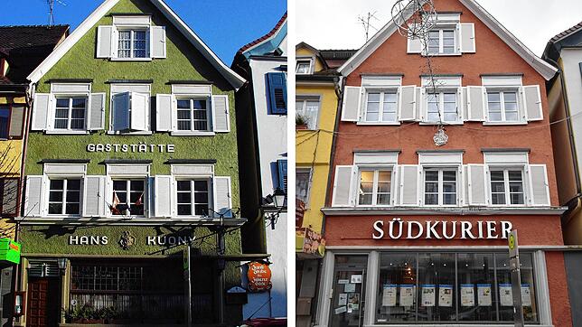 Links die Gaststätte vor dem Umbau, rechts das Gebäude heute.