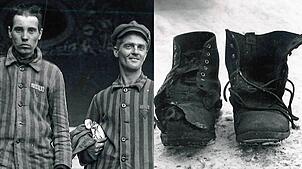 Der Österreicher Adam Puntschart (rechts) und der Ukrainer Wassiliy Sklarenko, zwei KZ-Flüchtlinge vom Stollen aus Überlingen vor dem ...