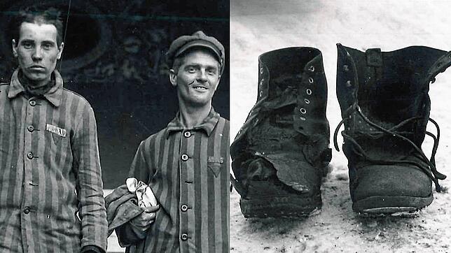 Der Österreicher Adam Puntschart (rechts) und der Ukrainer Wassiliy Sklarenko, zwei KZ-Flüchtlinge vom Stollen aus Überlingen vor dem ...