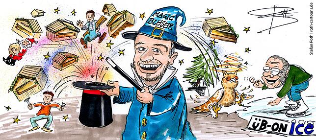 Oliver Bleser zaubert kurzfristig einen Weihnachtsmarkt aus dem Hut. Reinhard A. Weigelt lockt den Uhu aufs Glatteis.