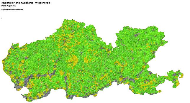 Die Landkreise Lörrach und Waldshut auf den neuen Planhinweiskarten für Windkraftanlagen. Die grünen Flächen zeigen an, wo ...