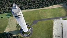 Diese Computersimulation zeigt den Blick aus der Vogelperspektive auf den mit Spezialgewebe umhüllten Testturm: Oben befindet sich die ...