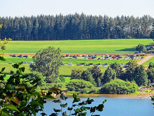 Die Autos, die hier am Kirnbergsee zu sehen sind, parken unerlaubt auf der Wiese eines Landwirts.